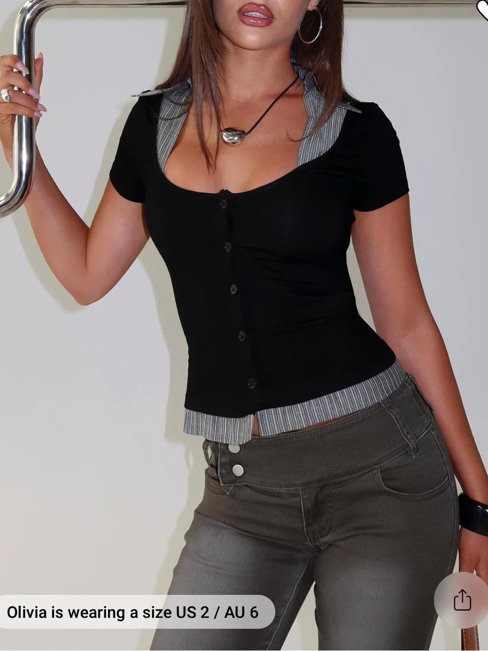 Princess Polly Black Short-Sleeve Button Front Top with Gray Pinstripe Trim